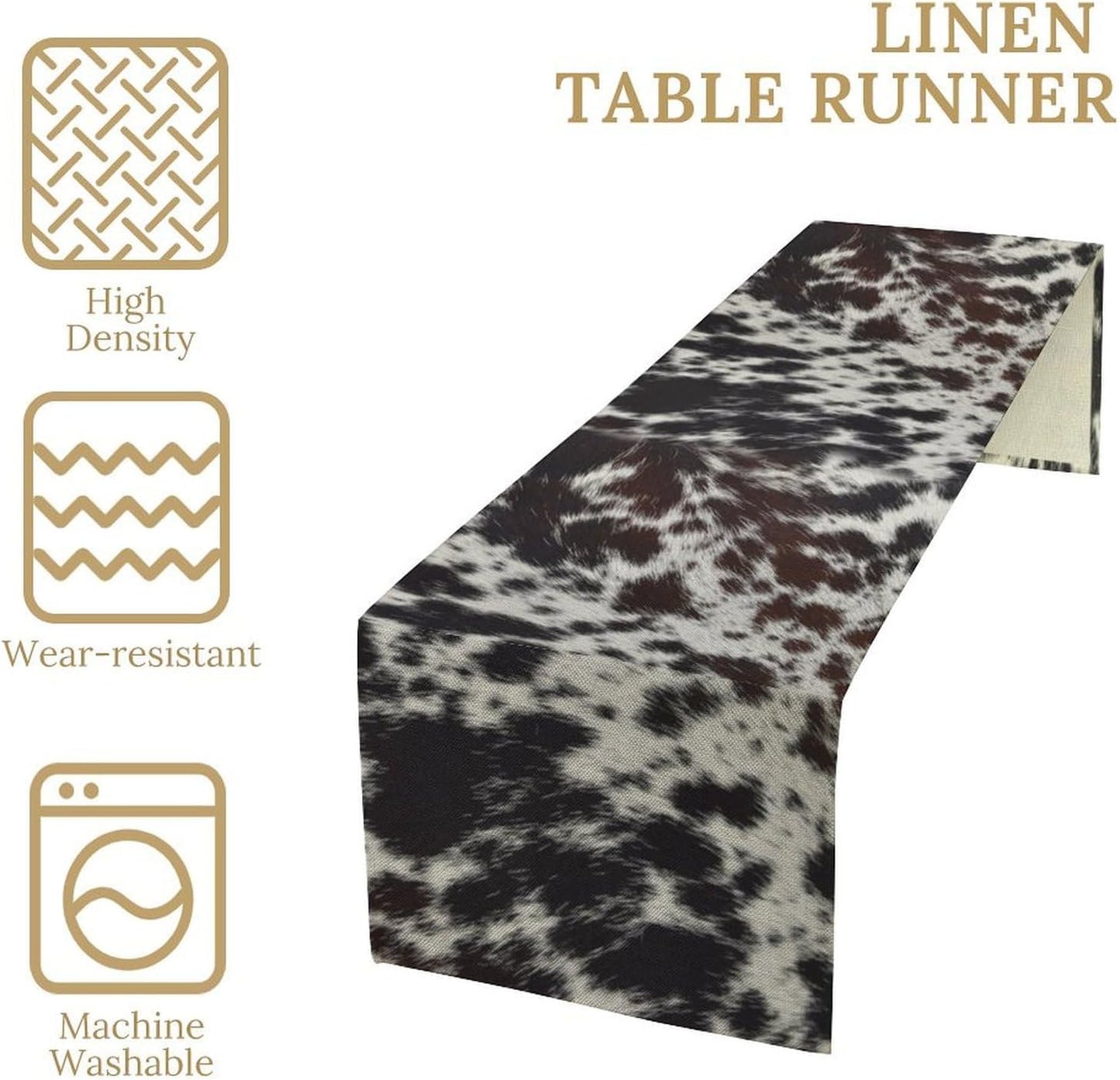 Cow Print Table Runner, Country Farm Animal Fur Skin Pattern Western Style Black Brown Cowhide Print Dinner Runner for Home Kitchen Dining Home Setting, 13x90 Inch