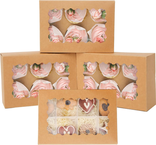 qiqee Brown 6 Cupcake Boxes with Window 30 Auto pop up Packs Cupcake Box 9"x6.1"x3.3" Bakery Boxes For Cupcakes Carrier, Cupcake Containers