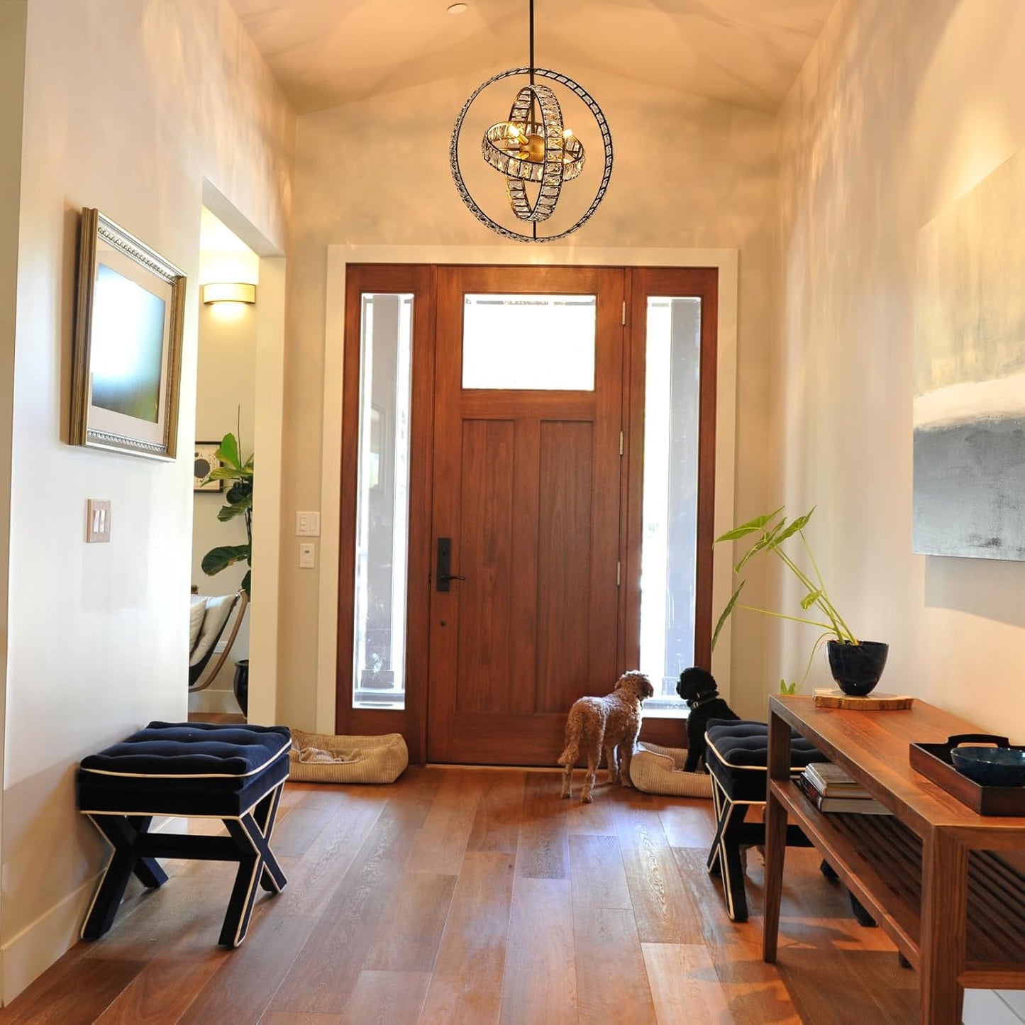 18" Crystal Globe Sputnik Chandelier, 6-Light Black Gold Modern Adjustable Hanging Ceiling Pendant Light Fixture for Entryway Foyer Stairway Bedroom Dining Living Room Hallway