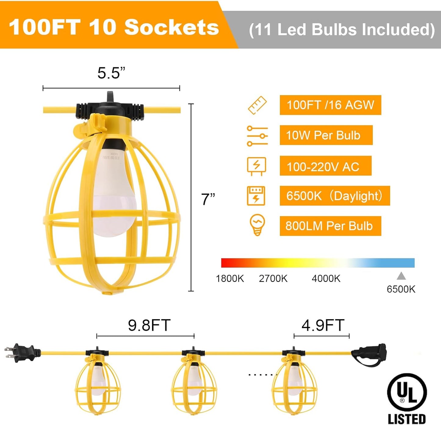 100FT Construction String Lights, 100W 11 Bulbs Work Lights with E26 Base, Construction Lights IP65 Waterproof, 8000LM 6500K Temporary Lighting for indoor Workshop, Mine cave, Job Site