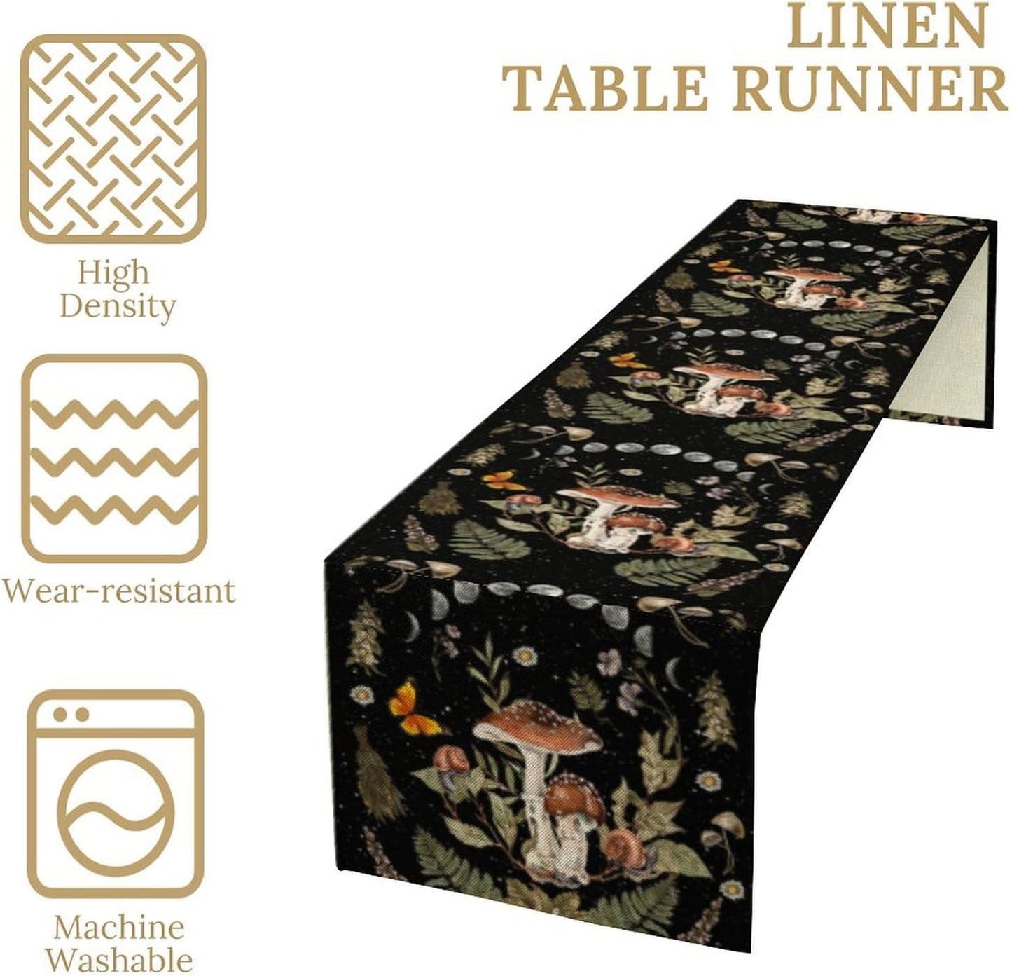 Mushroom Kitchen Table Runner, Boho Vintage Wild Flower Gothic Witchy Moonlit Forest Plant Table Runner for Bedroom Living Room Kitchen Dinner Table, 13x120 Inch