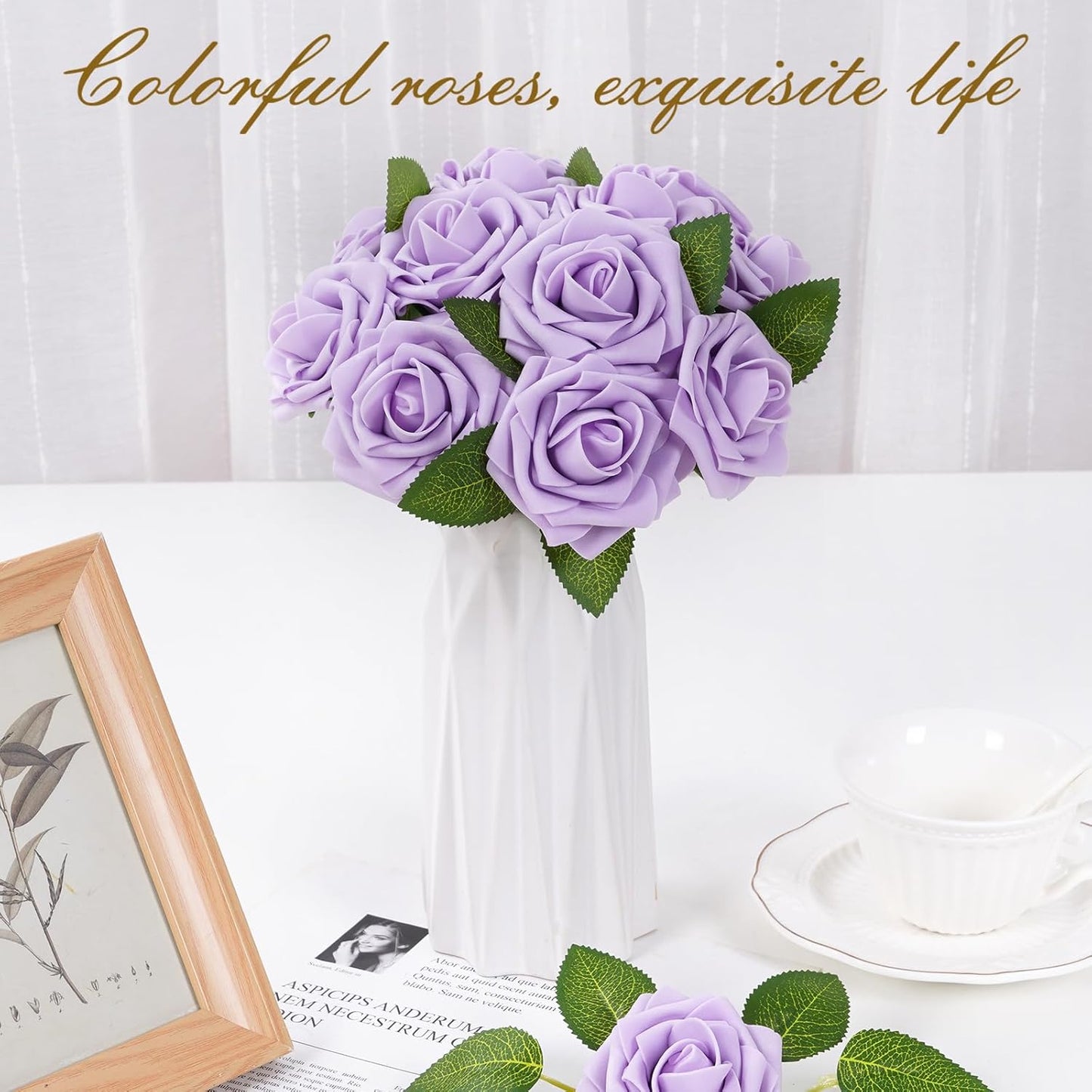 BLEUM CADE 16Pcs Artificial Flowers Fake Roses with Stems, Purple Boxed Foam Roses for DIY Bouquets Centerpieces Wedding Party Arrangement Bridal Shower Decor