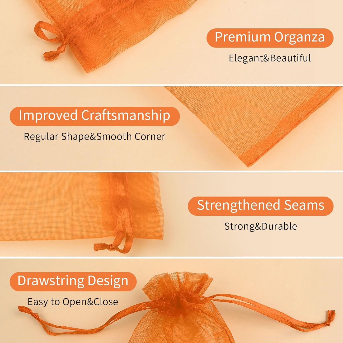50 Pcs Orange Organza Bags 4x6 Inch, Small Mesh Drawstring Gift Bags for Halloween Treats, Candy, Birthday Party Favors