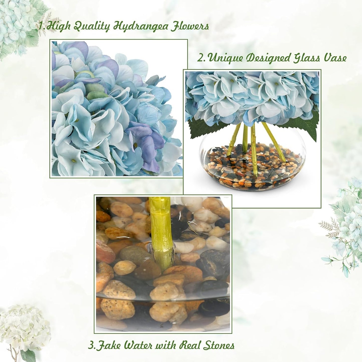 N&T NIETING Artificial Hydrangea Flowers with Vase Blue Silk Fake Flowers Faux Hydrangea Flowers with Faux Water Riverstones for Home Office Table Room Wedding Centerpiece Decorations