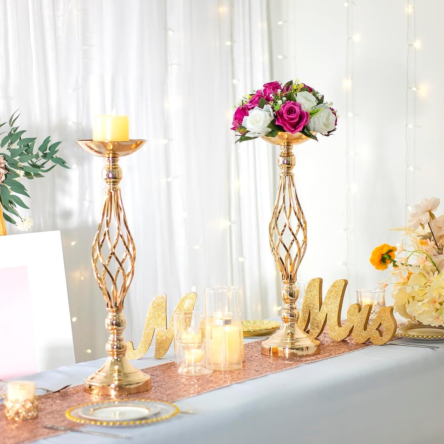 LANLONG 2pcs Metal Gold Candle Holders Road Lead Table Centerpiece Stand Pillar Candlestick for Wedding Candelabra Flowers Vases