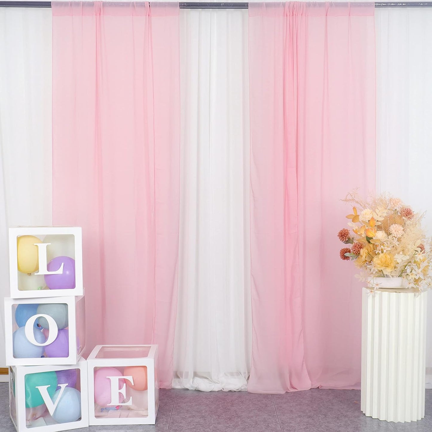 DUOBAO Pink Chiffon Backdrop Curtain-2 Panels 29x96-Inch Wedding Backdrop Drapes Sheer Beach Curtains for Living Room Voile Window Curtain for Photography Backdrops Christmas Ceremony Decor, Baby Pink