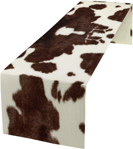 Cow Skin Print Table Runner, Safari Wildlife Brown Country Farm Cowhide Pattern Cotton Linen Rustic Cottage Table Runner for Dinning Home Party Holidays Home Setting, 13x70 Inch