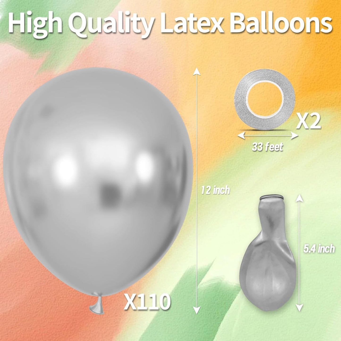 KAWKALSH Metallic Silver Balloon 12 Inch, 110pcs Latex Party Balloons Helium Bright Color for Birthday Baby Shower Wedding Party Supplies Arch Garland Decoration