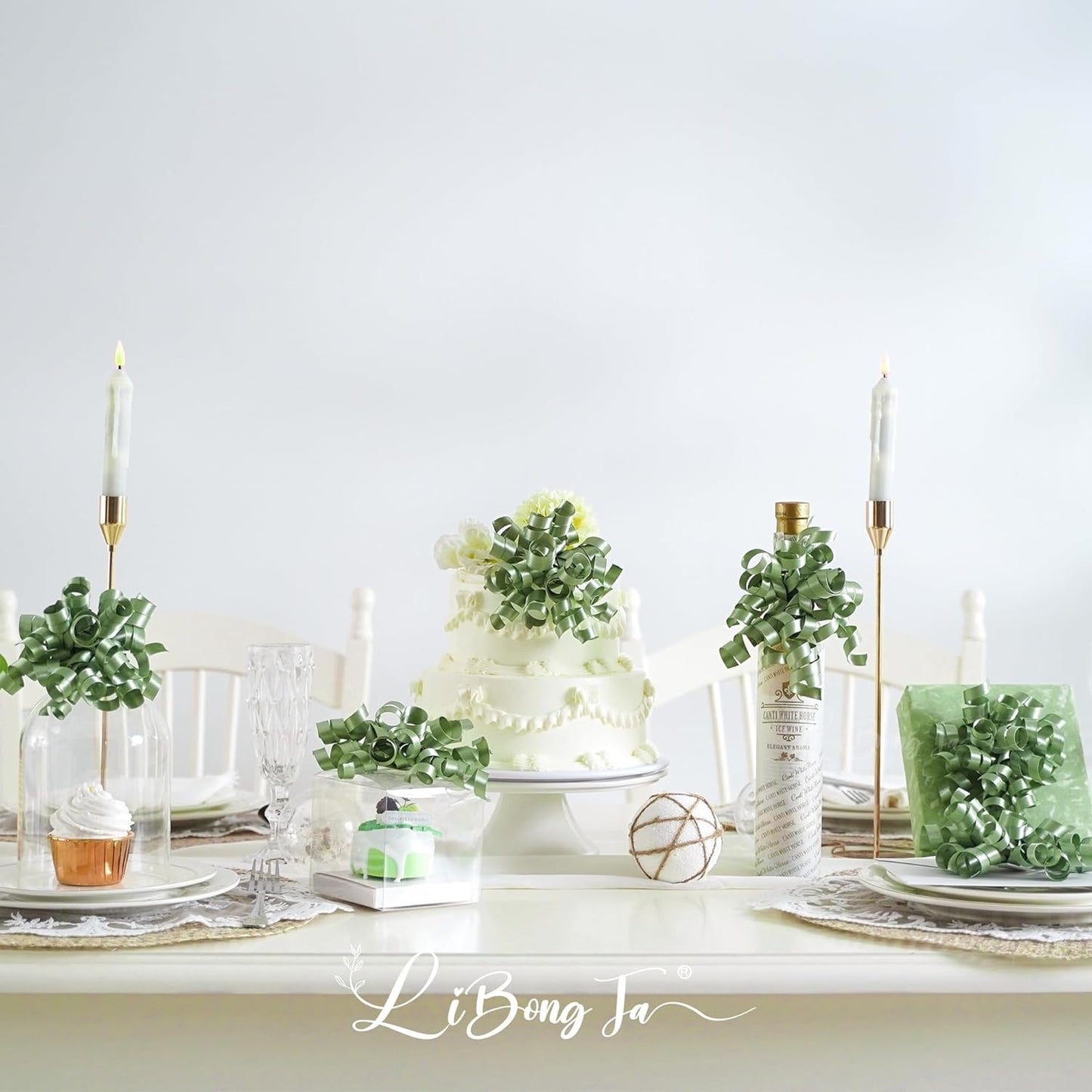 5'' Sage Green Bows Curly Ribbon Bows for Gift Wrapping, Satin Bows with Double-Sided Tape, Self Adhesive Bows for Party, Wedding, Birthday Decor, Premade Bows for Crafts, Wine Glasses-8 PCs