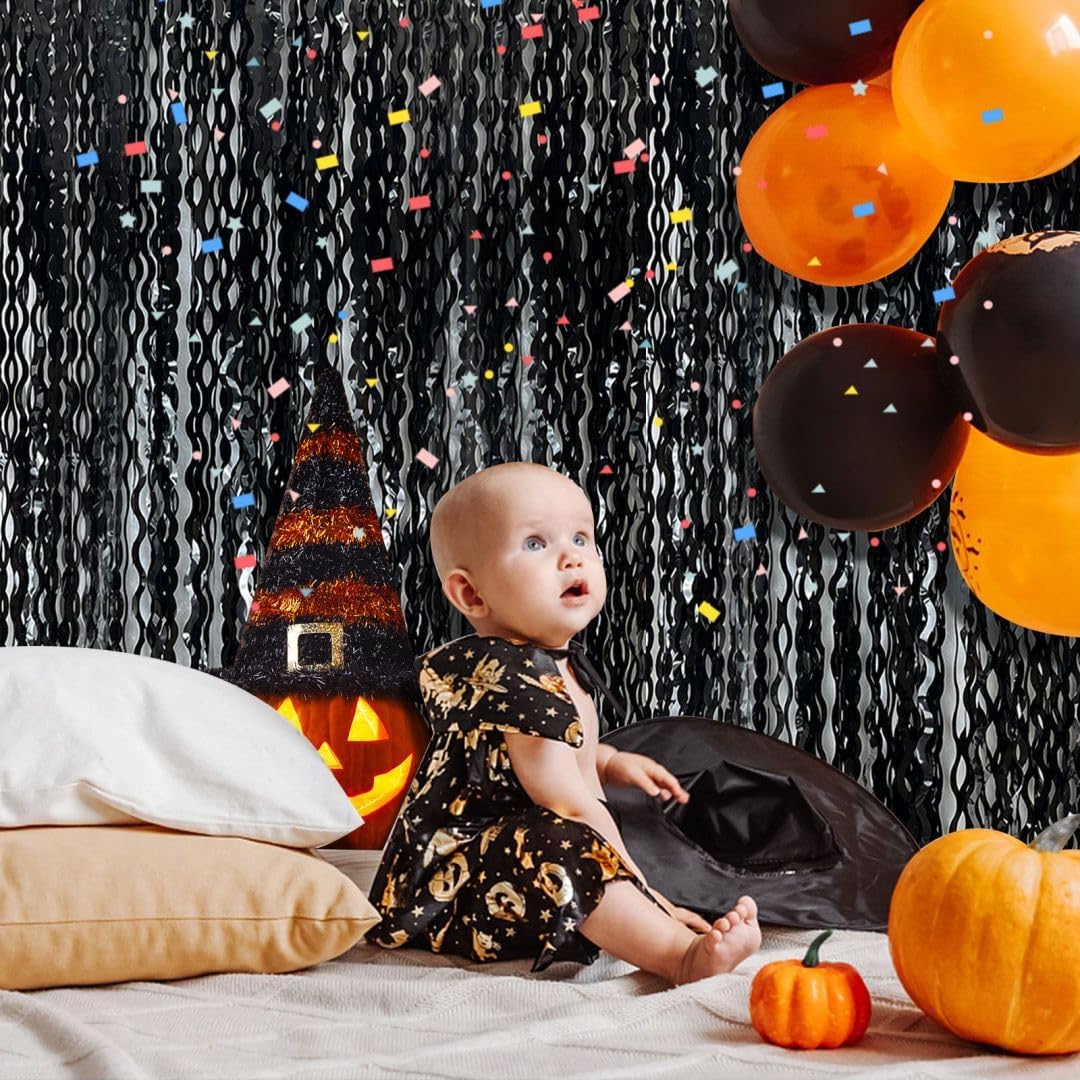 Black Backdrop for Party Decorations, Wave Foil Fringe Curtain Tinsel Photo Backdrop Black Streamers Tinsel Curtain for Birthday Wedding Bachelorette Christmas Celebration Party Decorations