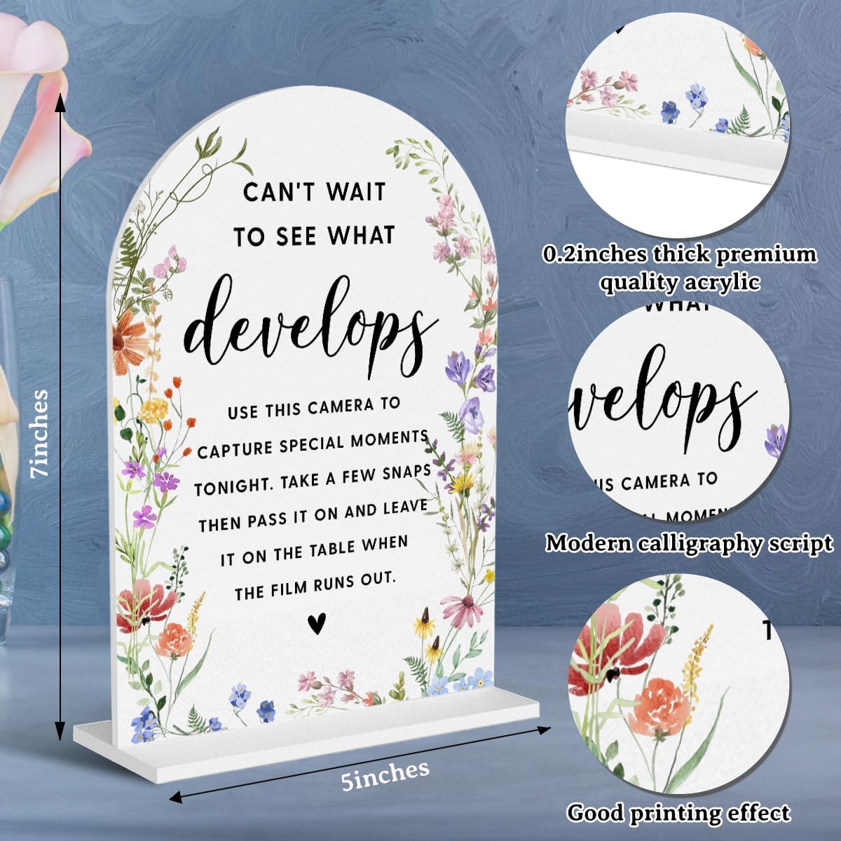 Acrylic Wedding Signs, Bridal Shower Decorations, Modern Arched Round Top Acrylic Table Top Sign with Holder for Wedding Reception Party Dinner - Can't Wait to See What Develops (White Wildflowers)