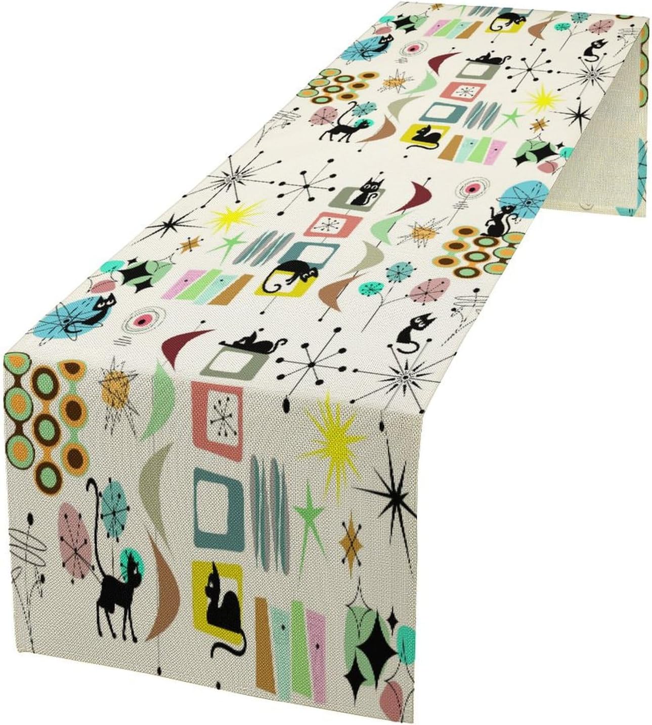 Colorful Geometric Table Runner,Vintage Mid Century Cute Cat Abstract Morden Print Tablecloth Burlap for Hotel Indoors Outdoor Dining Room Kitchen Home Decor, 13x60in