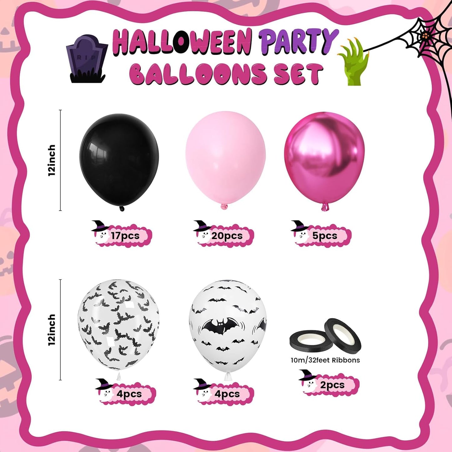 Pink Halloween Balloons Set, 50PCS 12 Inch Bat Confetti Balloon Pastel Metallic Pink and Black Party Balloon Bat Printed Helium for Girls Adults BOO Halloween Birthday Party Decorations Indoor Outdoor
