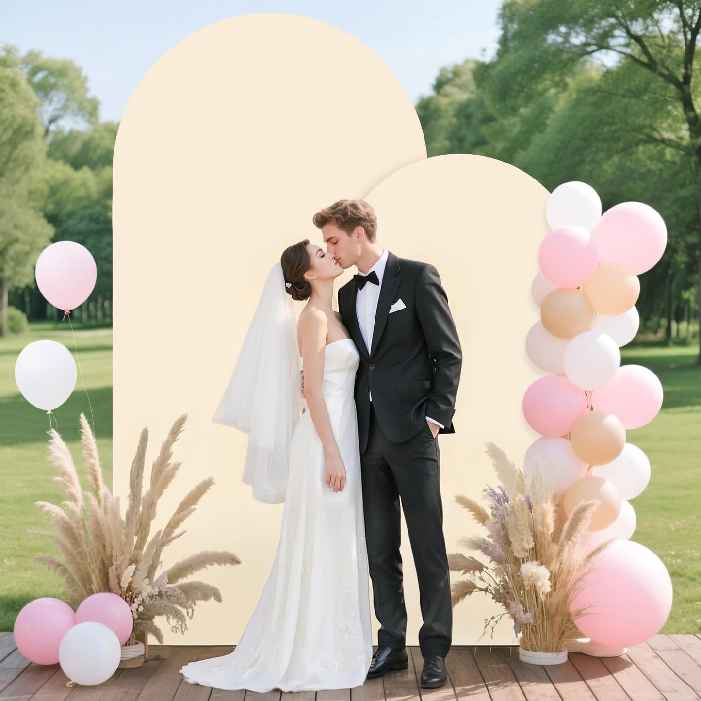 Metal Arch Backdrop Stand Set of 2 with Cover (7.2FT, 6FT) Wedding Arches Stand and Beige Spandex Arch Covers Stretchy Backdrop Balloon Arch Stands and Cover Set for Baby Shower Birthday Party Decor