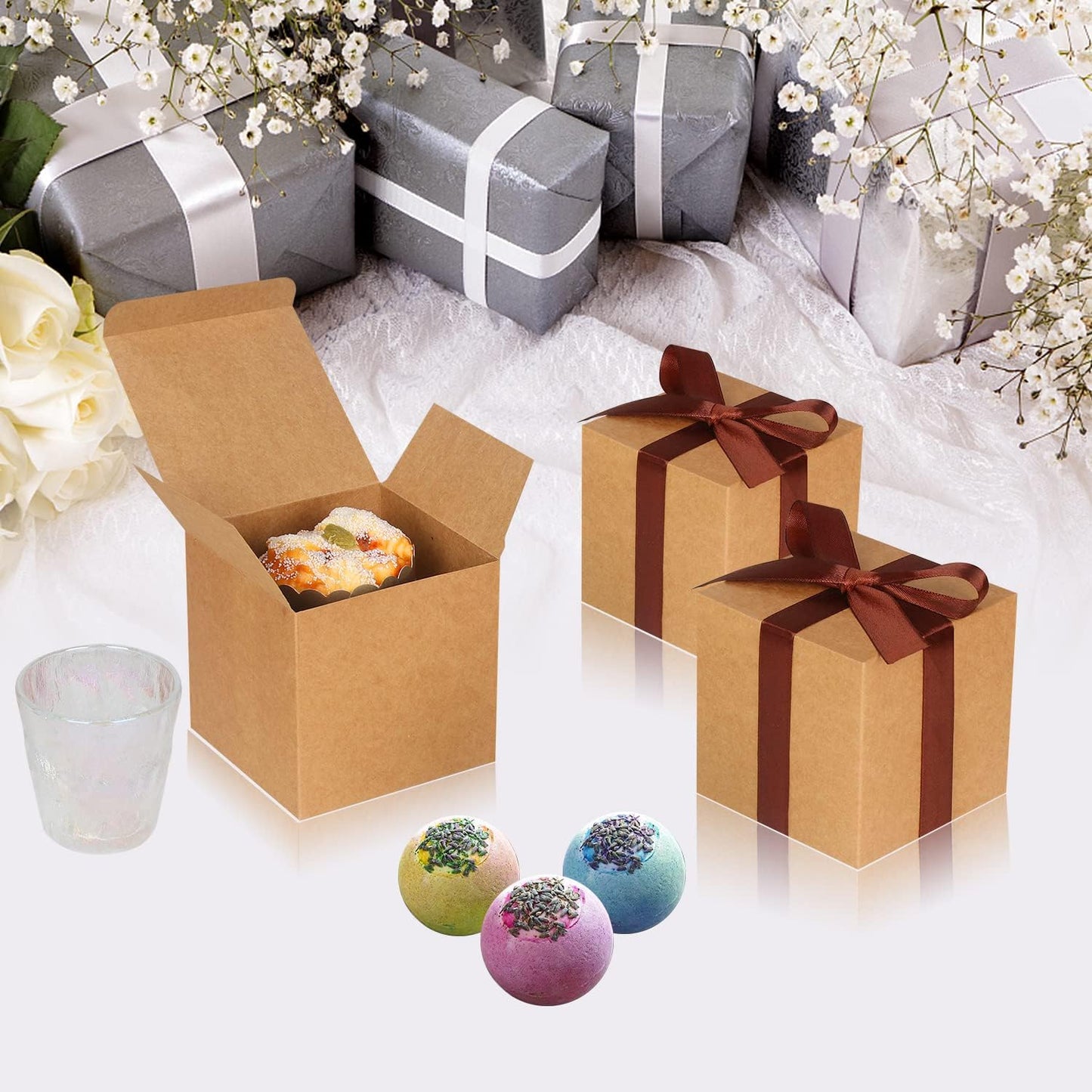 50 Pack Small Gift Boxes, 3x3x3 Favor Boxes Brown Paper Gift Boxes with Lids for Presents, Crafting, Cupcake Boxes, Gifts, Candy Boxes for Wedding Party Bridal Shower Baby Shower Favors