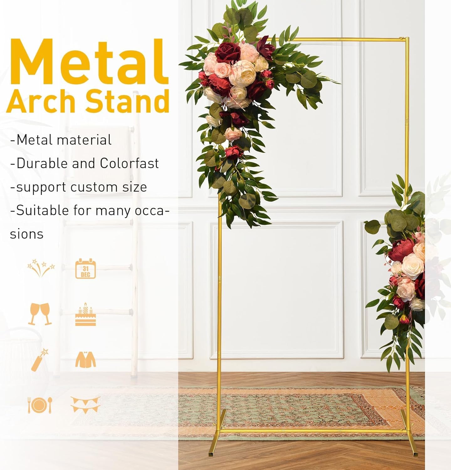 Wedding Arch Backdrop Stand 6.6x6.6 FT Gold Square Balloon Arch Frame for Wedding, Birthday Party, Baby Shower Ceremony Decoration