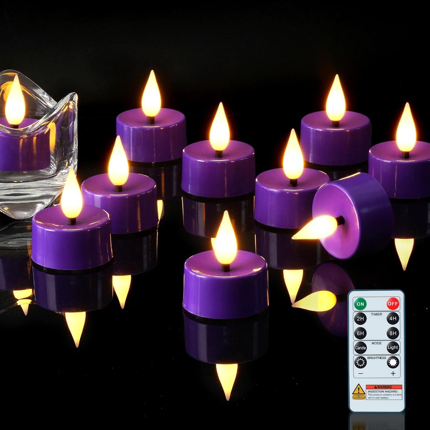 Amagic Flameless Purple Timer Remote Tealights Candles, 3D Black Wick Flickering Tea Light, 400+Hour Colored Votive Candles Battery Operated, Set of 12 for Party, Wedding Table, Halloween, Mardi Gras