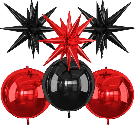 6Pcs Black Red Foil Balloons,22Inch Black Red 4D Round Ball Balloon and Explosion Star Balloon for Birthday Wedding Baby Shower Anniversary Party Decorations
