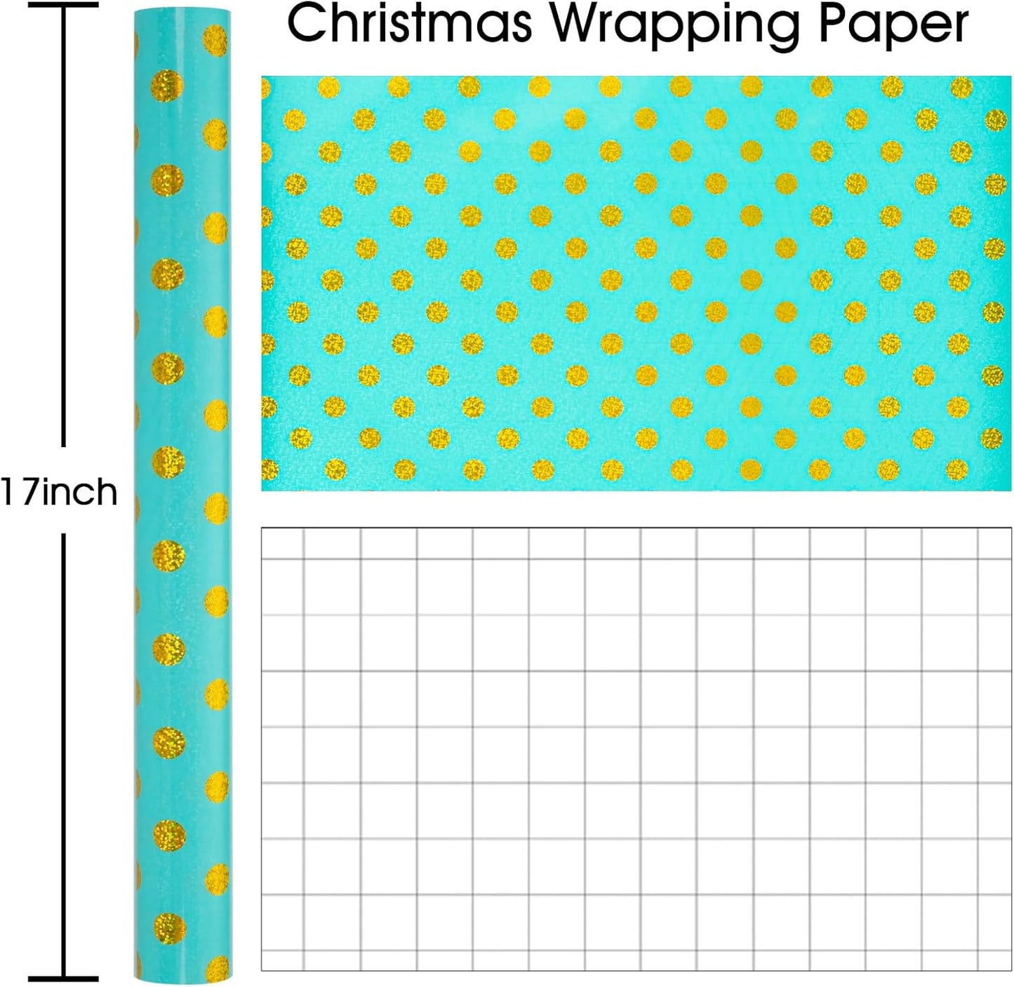 Burymento Blue Holographic Dots Wrapping Paper, Reversible Gold Gift Wrap for Birthday, Valentines, Mothers day, Graduation, Wedding, Fathers day, Baby Shower, Christmas (17in x 16.4ft)