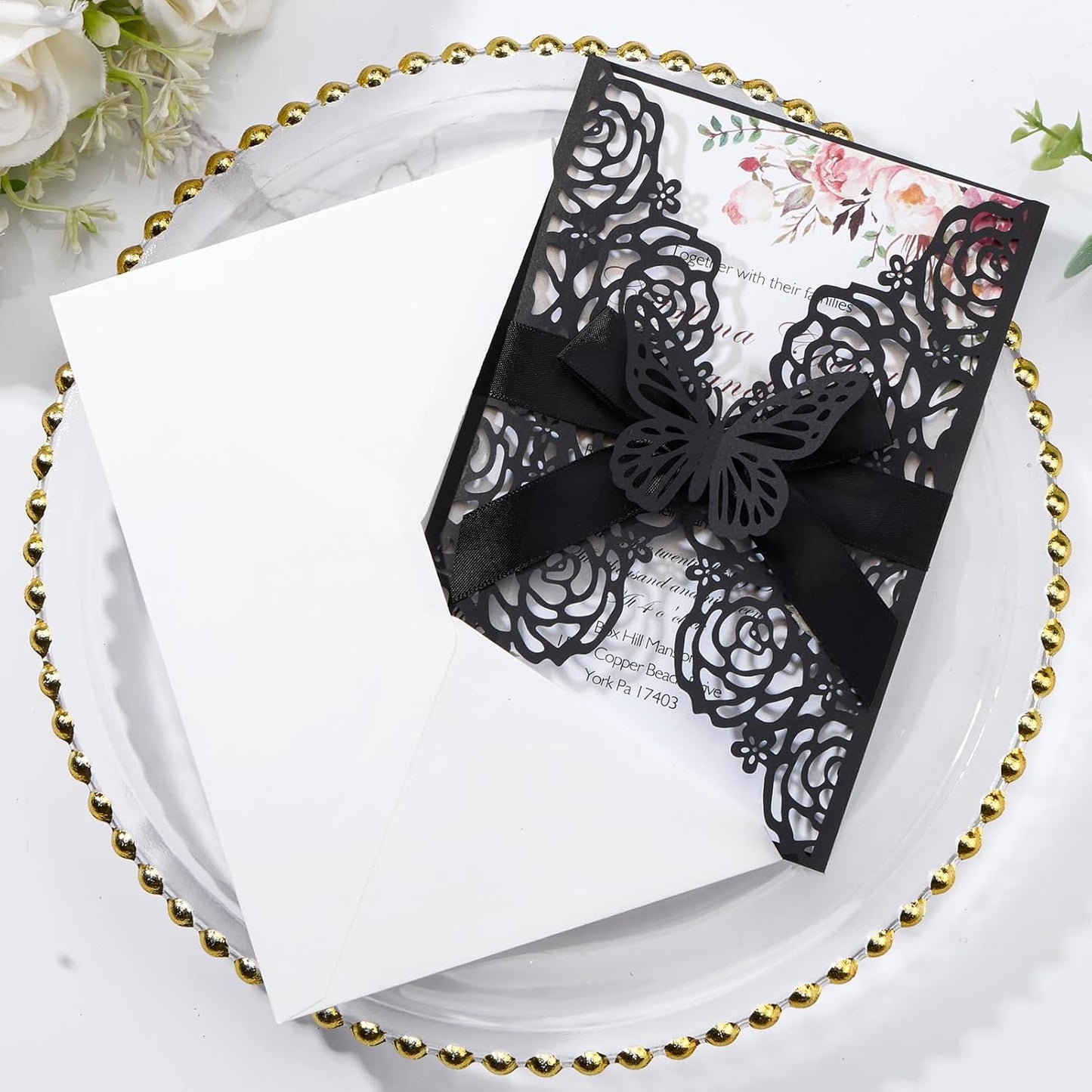 50pcs Black Wedding Invitation Kit Butterfly Laser Cut Invittations Pocket with Blank Inner Sheets and Envelopes for Wedding Anniversary Quinceañera Birthday Party Invites 4.9x7''