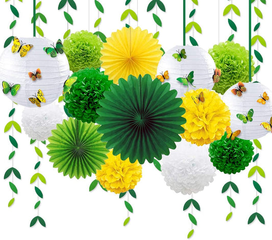 Yellow Green Party Decoration Kit Hanging Paper Fans Lanterns Flowers Pom Pom with 3D Butterfly Green Leaves Garland for Birthday Wedding Engagement Baby Shower Spring Summer Garden Tea Party Decor