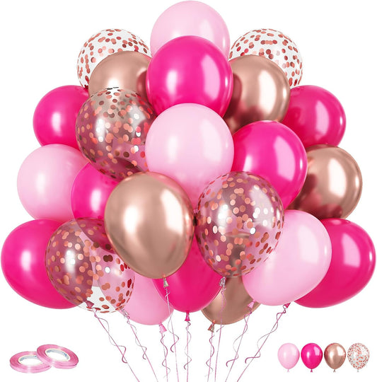Hot Pink and Rose Gold Balloons, 60Pcs Pastel Pink Balloon, 12 Inch Metallic Rose Gold Confetti Balloons Helium Rose Red Latex Balloon for Girls Birthday Baby Shower Wedding Bridal Party Decorations