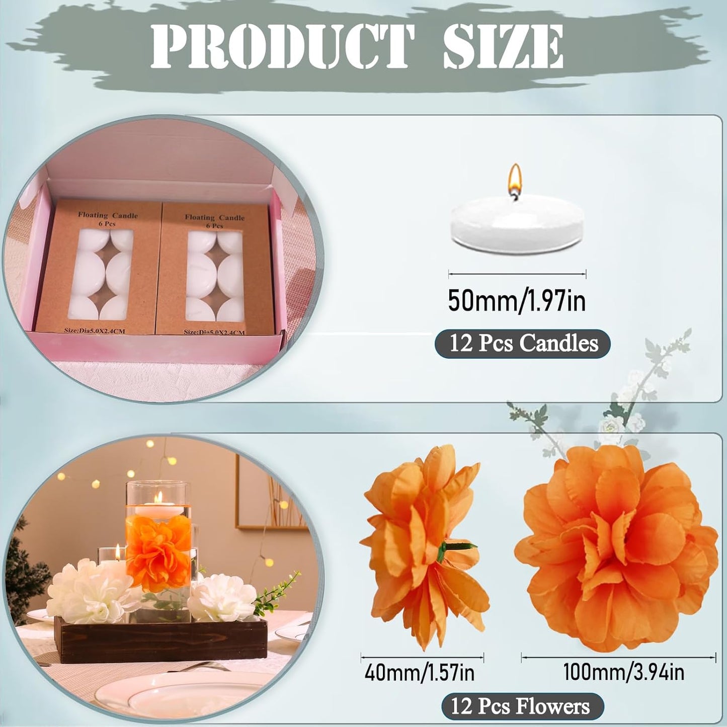 24 Pcs Floating Candles for Centerpieces and Floating Flowers Artificial Flowers Head Vase Filler for Party Home Table Wedding Centerpieces Decoration (Orange)