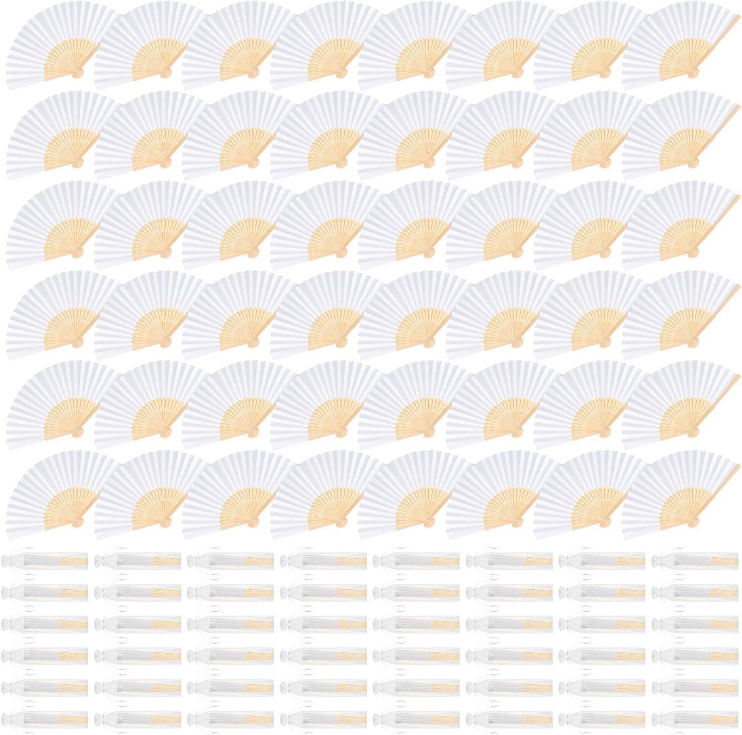48 Pieces White Hand Held Bamboo Folding Fans Paper Fans Handheld for Women Foldable Girls Wedding Decoration Church Home Party Favors Summer