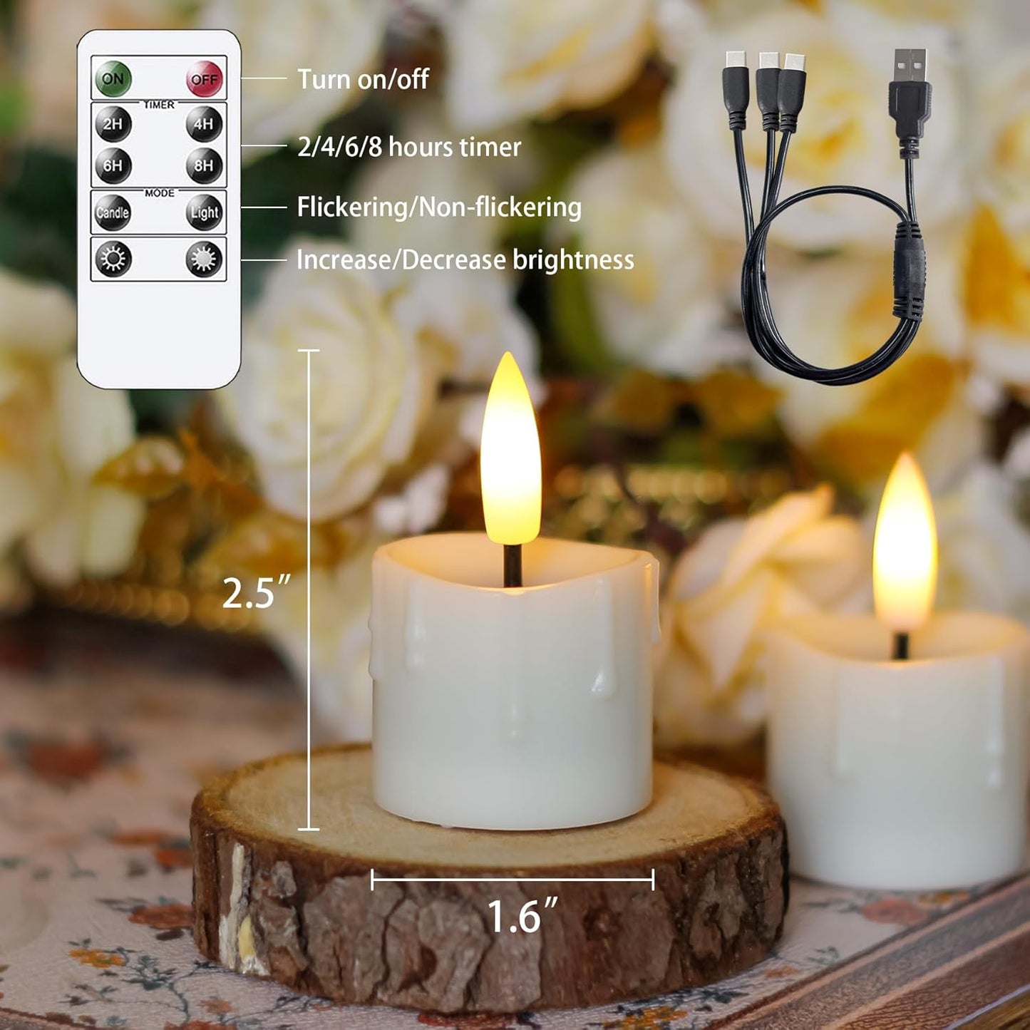Rechargeable Flameless 1.6" x2.5" Tea Light Candles with Remote & Type-C Charging Cable, Timer LED Flickering Ivory Plastic 9pcs Mini Dripping Wax Votive Tealight Candles