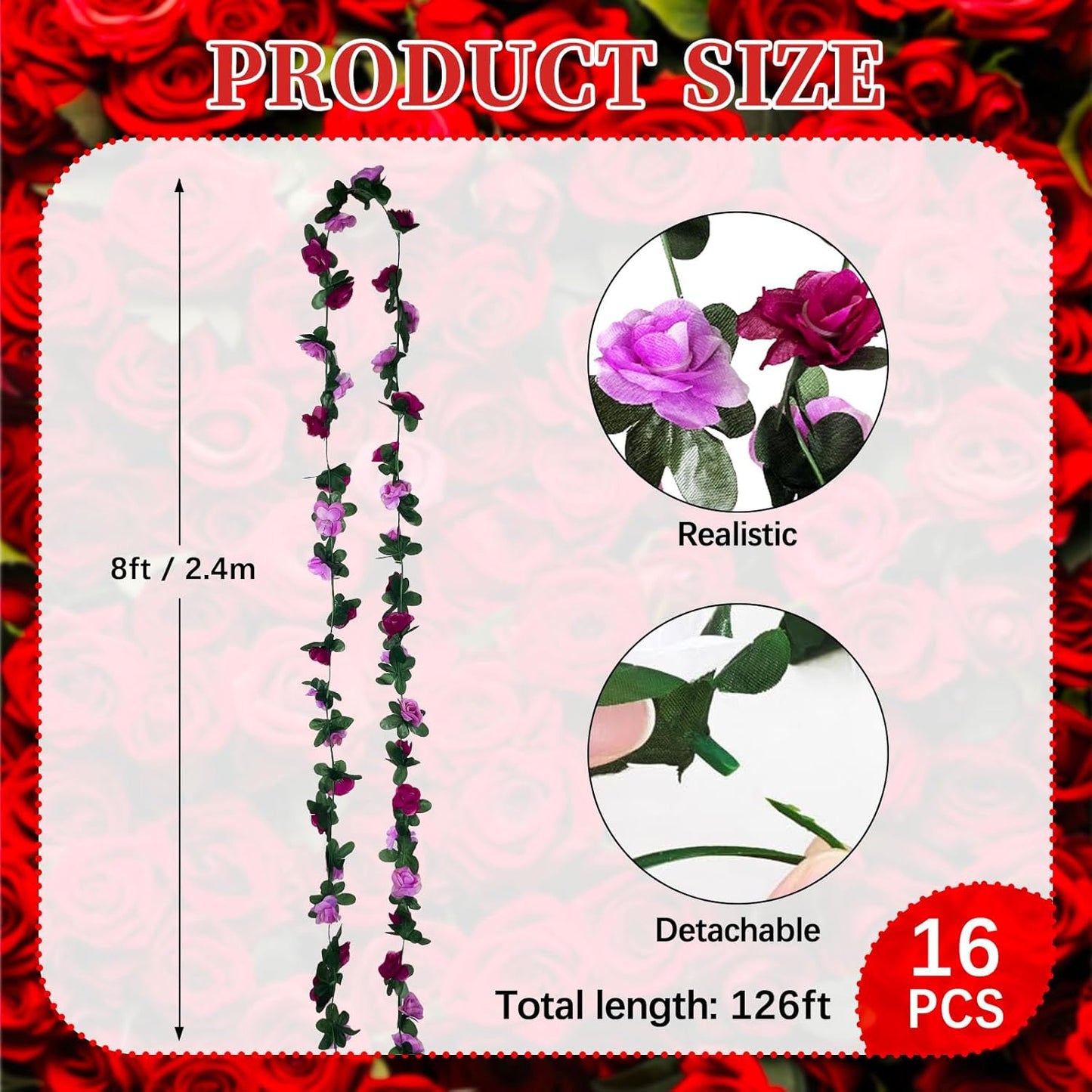 16Pcs 126Ft Purple Rose Garland, Fake Rose Hanging Flowers, Artificial Flower Vine, Hanging Floral Vine Garland for Wedding, Birthday Party, Wall Arch, Halloween, Christmas Garden Backdrop Decor