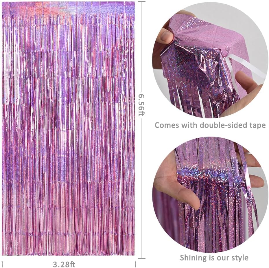 TONIFUL 3Pcs Laser Light Pink Door Streamers,Laser Pink Photo Booth Backdrop Metallic Streamers Pink Foil Fringe Curtains for Birthday,Christmas,New Year,Bachelorette,Grad Party(9.9ft x 6.6ft)