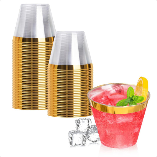 Goodluck 50PCS 9oz Gold Disposable Cups, Plastic Cups with Gold Rim, Cocktail Cups for Wedding, Party and Birthday