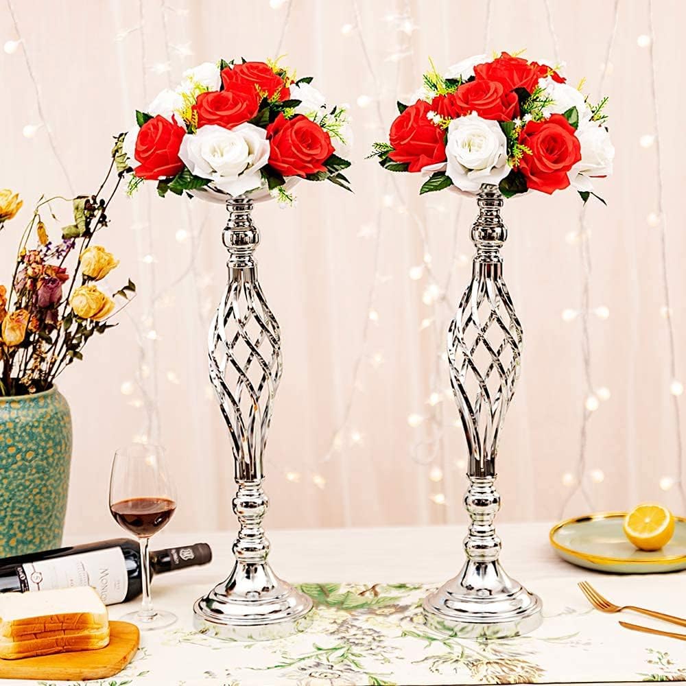 LANLONG 10pcs Metal Silver Candle Holders Road Lead Table Centerpiece Stand Pillar Candlestick for Wedding Candelabra Flowers Vases