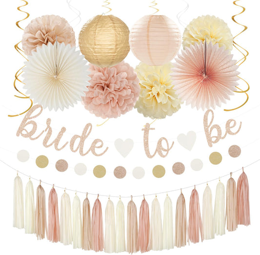 Champagne-Gold Beige Fall Bridal-Shower Party-Decorations - 36pcs Bride To Be Banner,Bachelorette Paper Lanterns,Wedding Streamers Garland,Boho Peach Tissue Pom Poms Flower Fan Decor Supplies Burgleda