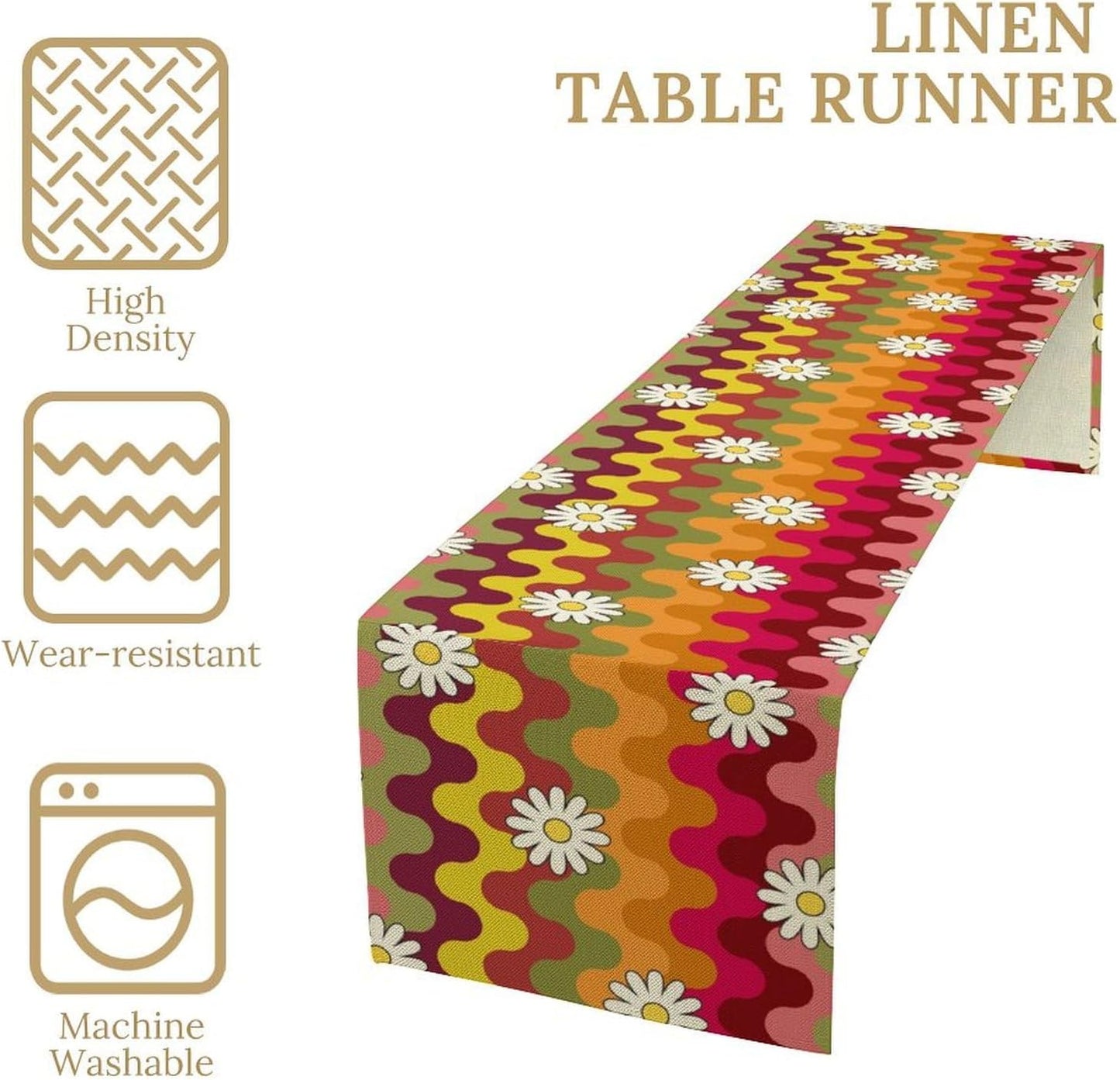Vintage Floral Table Runner,60s 70s Colorful Retro Abstract Hippie Print Table Runner for Kitchen Dining Table Home Party Decoration 13x72 Inch