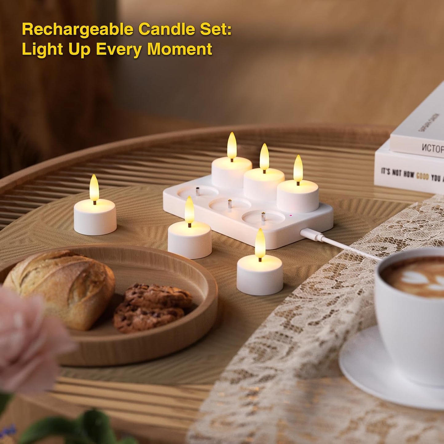 Flameless Tea Lights Candles with Charging Station, LED Tea Lights Candles with Remote Control Timer for Wedding, Christmas, Halloween,Anniversary, Home Decor, 6-Pack