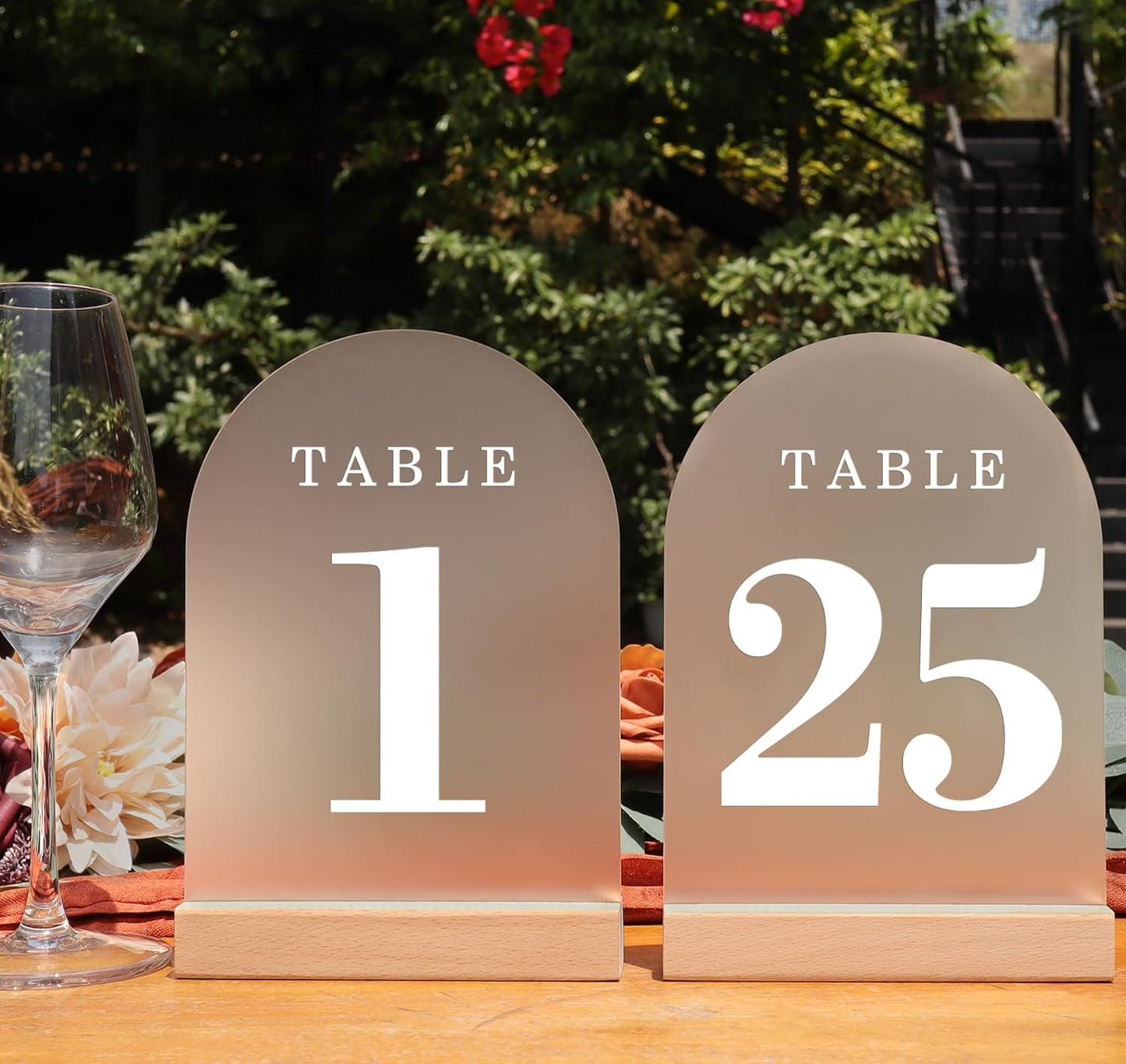 Wedding Table Numbers 1-25, Acrylic Arch Signs with Natural Wood Stands Holders, Rustic Table Decor for Reception & Parties (Frosted White)
