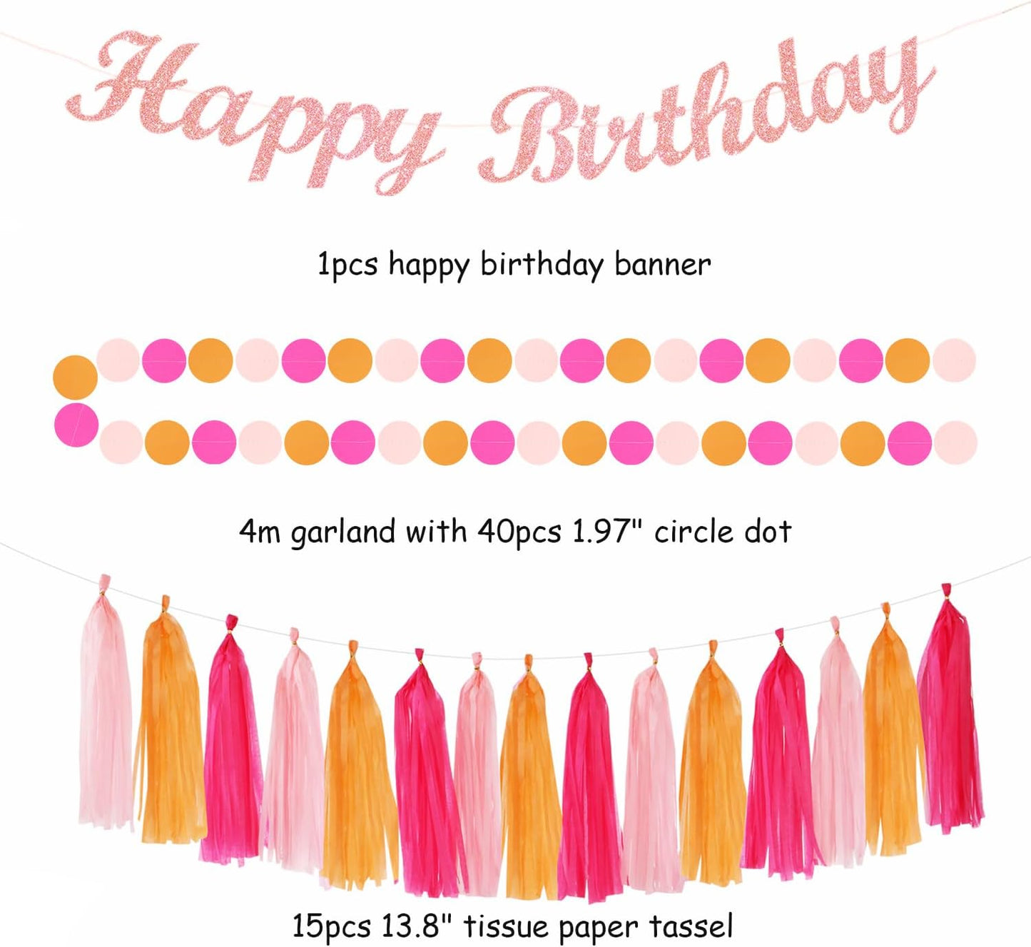 Hot-Pink Orange 21st Happy-Birthday Party-Decorations - 31pcs Sweet 16 18th Women Girls Paper Lanterns Streamers Banner,Tissue Pom Poms Fans Tassels Graland Decor,Fall Boho Backdrop Supplies Hugmoon