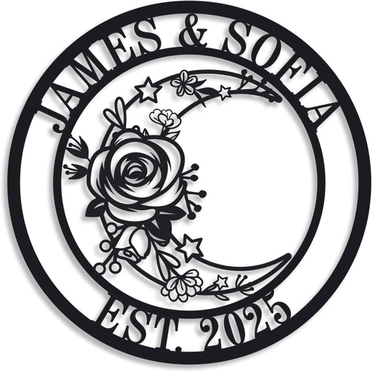 Moon Metal Floral Art Decor Black Boho Large Floral Moon and Star Phase Wall signs for Half Moon Flower Sculpture Hanging Wall Decor for Bedroom