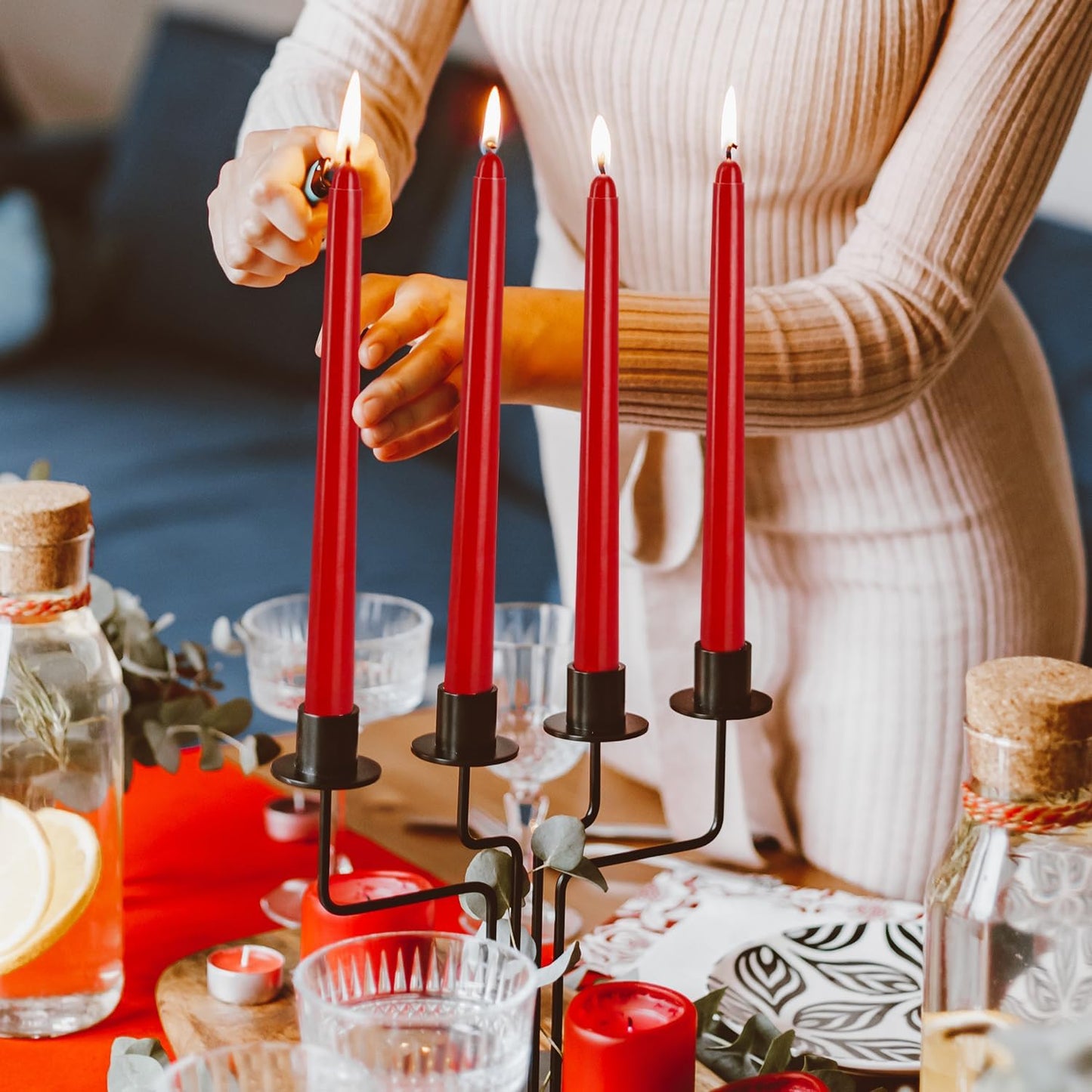 24 Pack Red Taper Candles, 7-8 Hours Burn Time, Unscented, Smokeless and Dripless, 0.75 x 10 Inch Dinner Candle Set for Christmas,Household, Wedding, Party and Home Décor Candlesticks