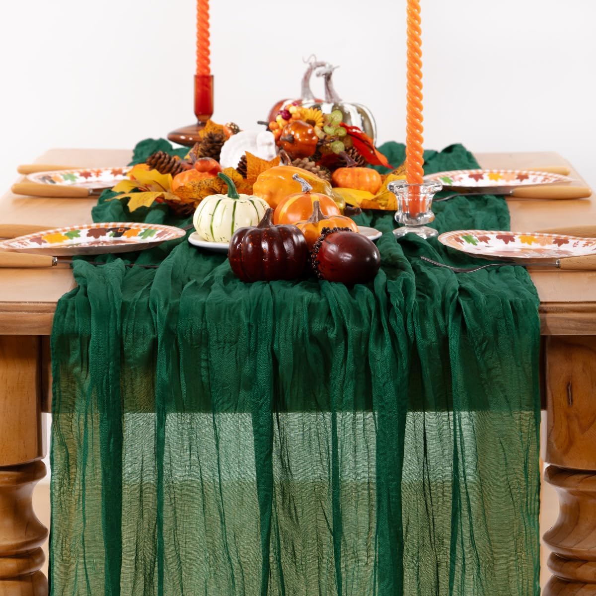 Emerald Green Cheesecloth Table Runner 6 Pack Fall Table Runners Boho Gauze 120 Inches Green Cheese Cloth Fall Table Decorations for Thanksgiving Wedding Bridal Baby Shower Tea Party