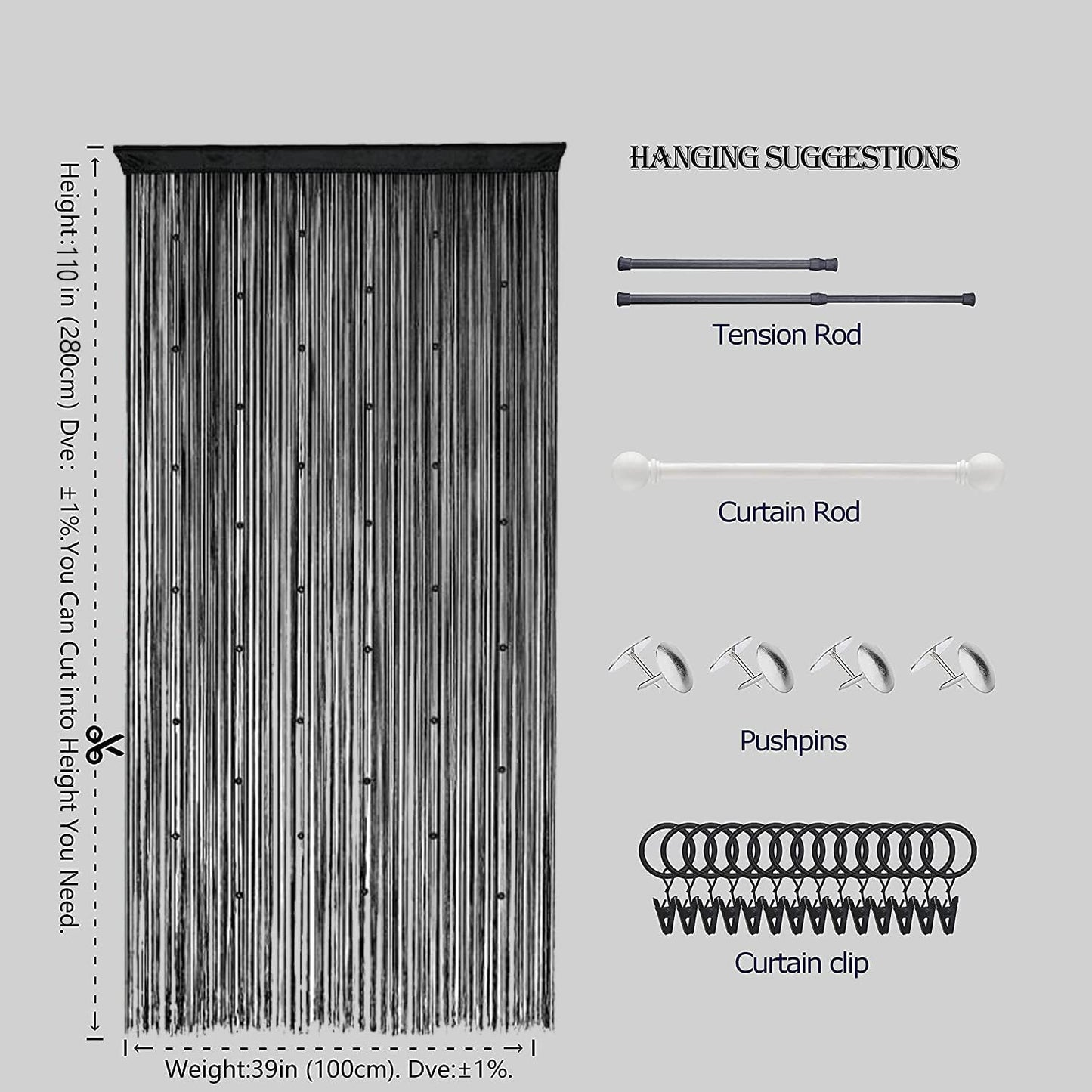 Beaded Doorway Curtain Door Beads Dense String Curtains Fringe Hippie Perfect for Wall Hanging Decor Room Divider Privacy Doors Window Closet Doorways Decorations (100x280cm,Black)