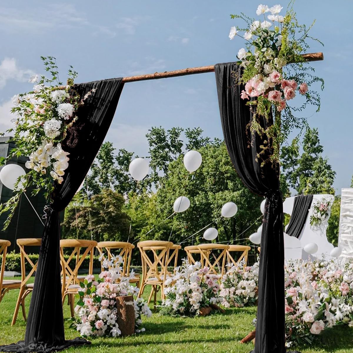 Black Wedding Arch Draping Fabric 2 Panels 29" x 20 FT Black Drapes for Backdrop Sheer Curtains Wedding Drapes for Romantic Bridal Baby Shower Ceremony Birthday Party Fall Outdoor Events