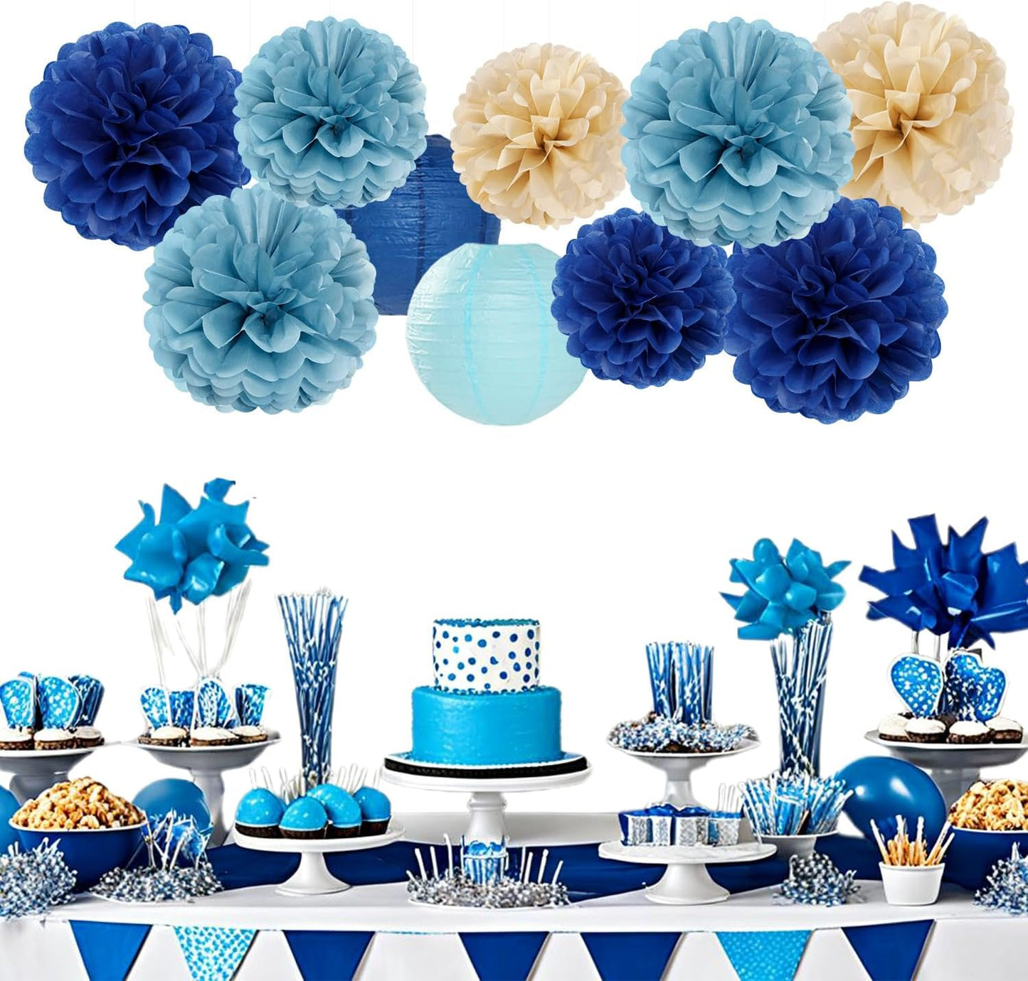 Dusty-Navy Blue Champagne-Gold Paper-Flowers Lanterns - 15pc Christmas Graduation Party Decorations Tissue Pom Poms Streamers,Birthday Bachelorette Bridal Baby Shower Engagement Wedding Decor Panduola