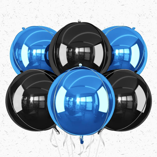 6Pcs Blue Black Round Foil Balloons,Giant 4D Round Ball Balloon,22 Inch Metallic Blue Black Balloons for Birthday Wedding Graduation Prom Party Decorations