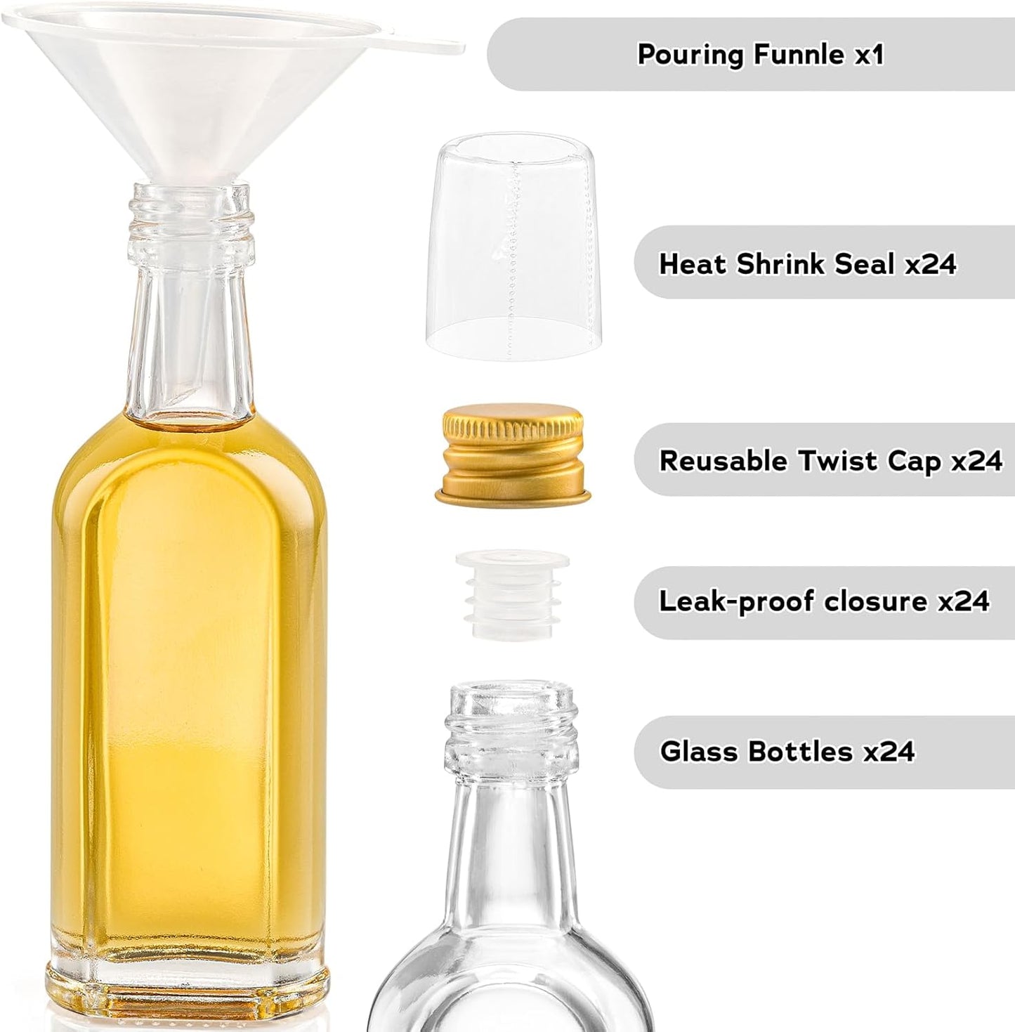 50 ml (1.7oz) Mini Small Glass Bottles With Leak Proof Gold Caps, Aluminum Lids, 24 Pack, For Liquor Wine Alcohol Ginger Shots Samples Decorative