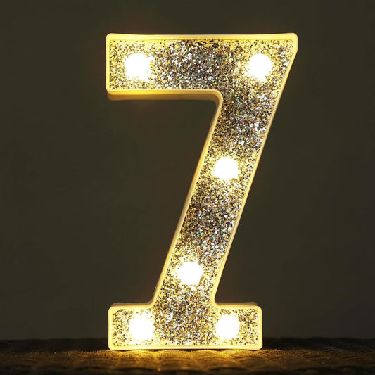 Marquee Light Letters for Table Decorations, Glitter Light Up Signs for Prom, Events, or Engagement Party Decor, Featuring Alphabet & Number Lighted Letters, Number 7
