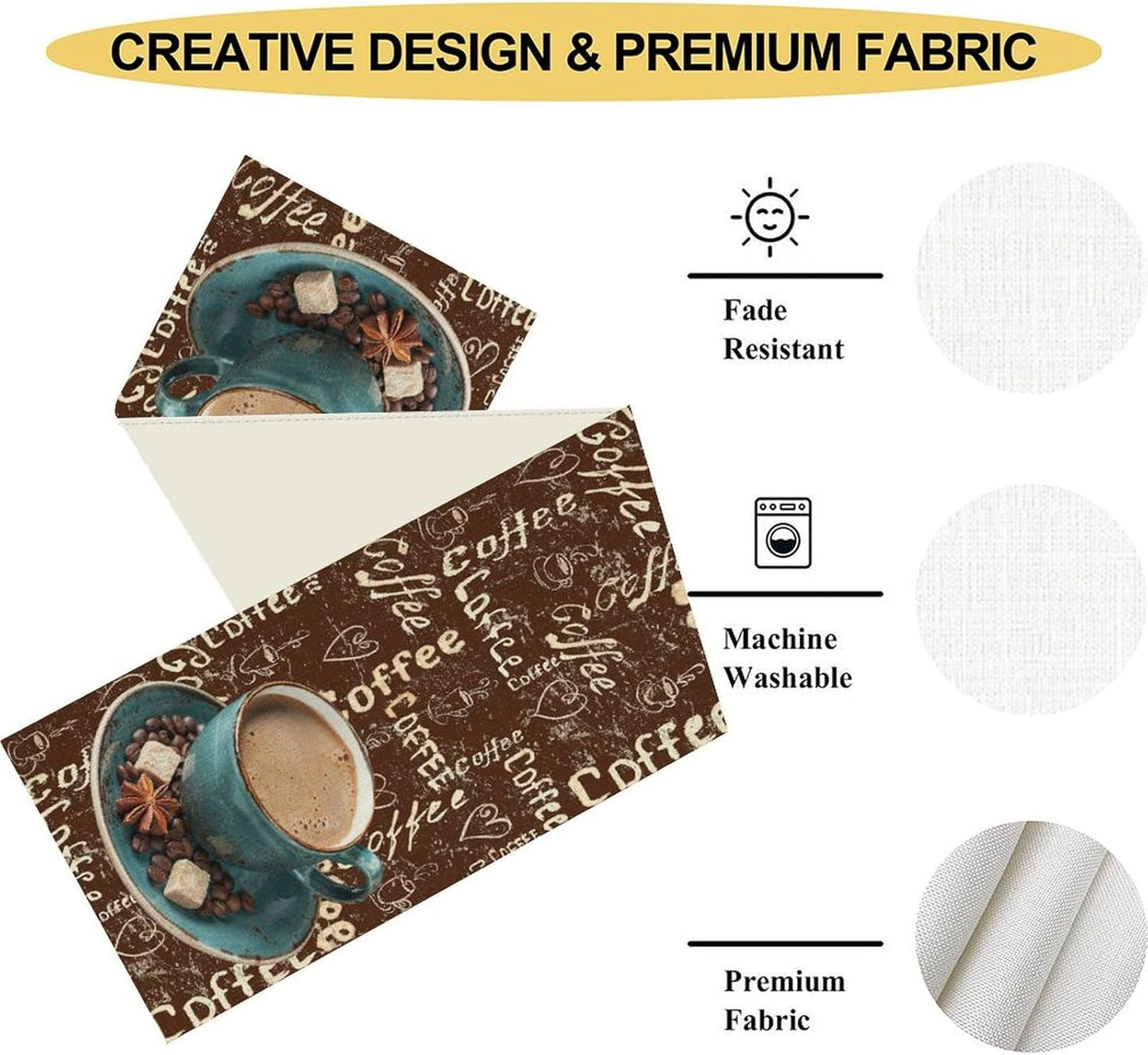 Coffee Theme Table Runner, Farmhouse Retro Brown Coffee Cup Tea Party Rustic Cafe Table Center Decor for Home Kitchen Dining Patio Holiday Party Indoor Outdoor Table Decorations,13"x72" Inch