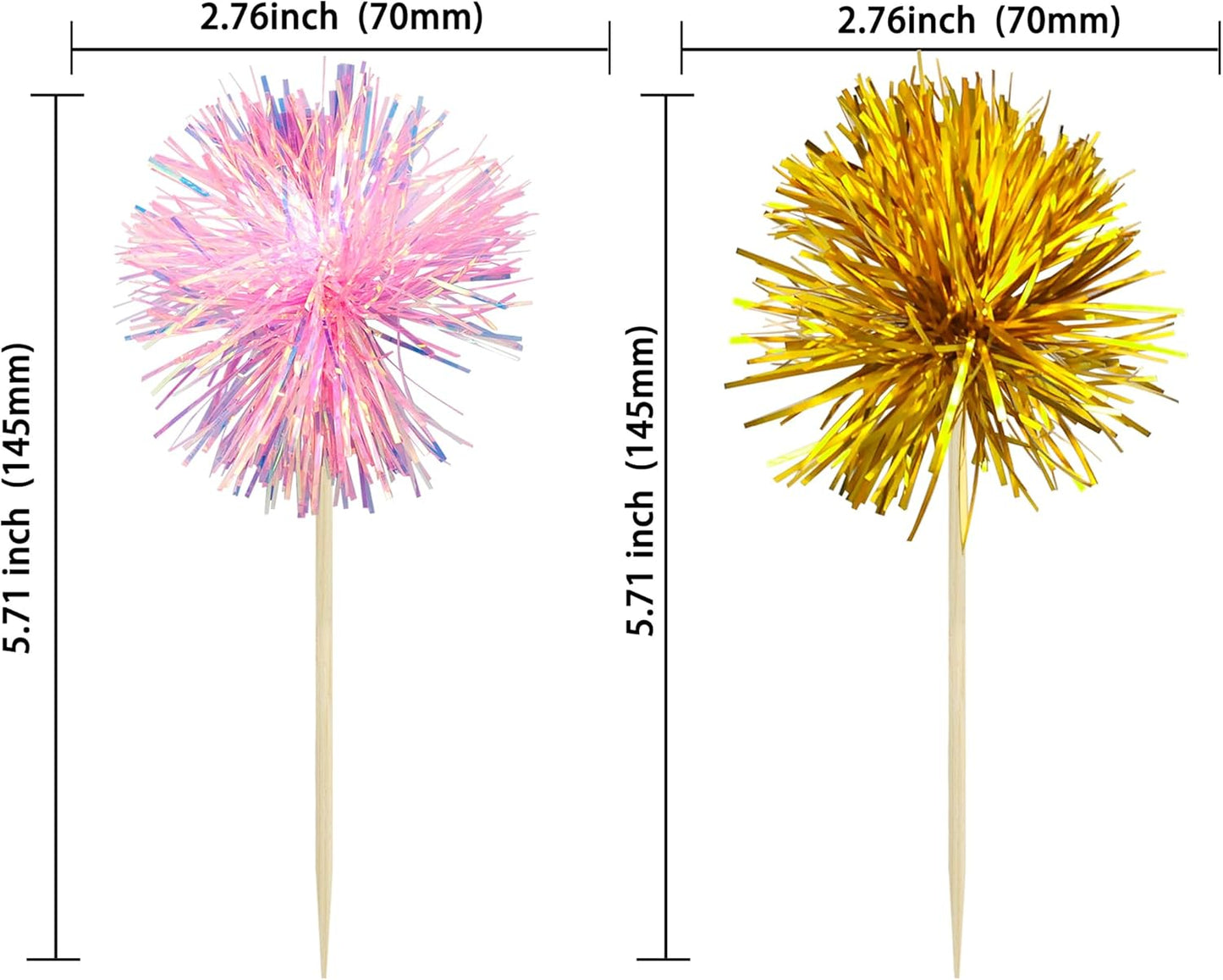 Gyufise 30Pcs Foil Firework Cupcake Toppers Sparkle Tinsel Cake Toppers Tinsel Drink Cake Decoration Cocktail Picks for Birthday Wedding Graduation Party Supplies Gold Pink