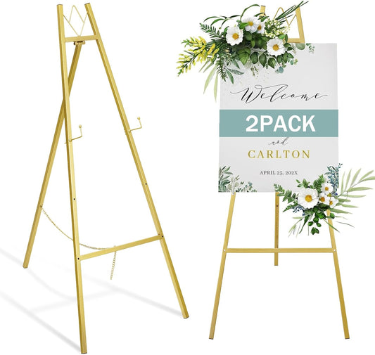 GRENTY 2 Pack Gold Easel Stand for Wedding Signs – No Assembly Needed, Heavy Duty Metal Display Stand for Art, Welcome Signs, Posters, Pictures, Paintings, and Floor Décor